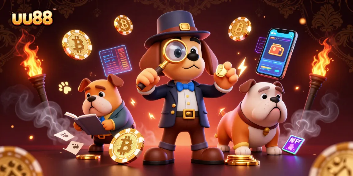 uu88 offers a thrilling poker experience with cartoon characters solving clues in a lavish casino.