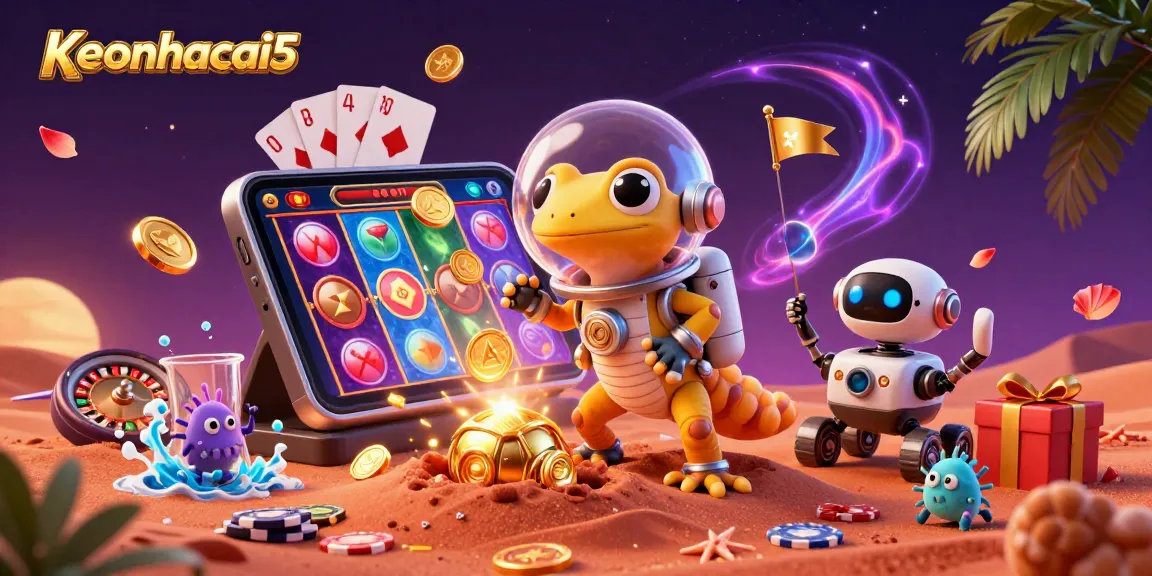 Experience excitement with keonhacai5 as a Martian gecko uncovers a hidden cosmic casino amidst vibrant game action.