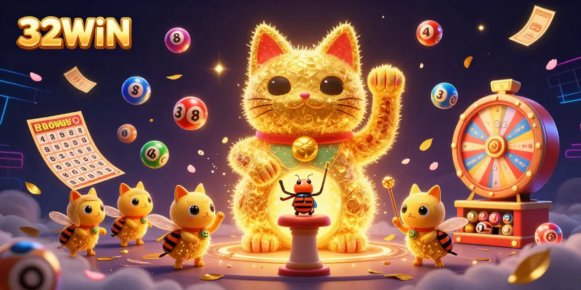 Experience thrilling wins with 32WIN's captivating lucky cat illustration amidst vibrant gambling elements.