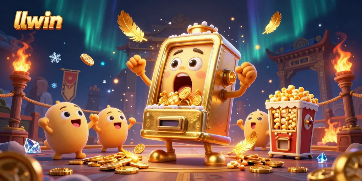 llwin's golden slot machine hits the jackpot in a vibrant, dynamic casino scene filled with coins.