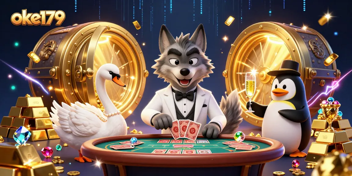 Join the thrilling action at oke179, where the debonair wolf and elegant card dealer showcase a high-stakes baccarat game.