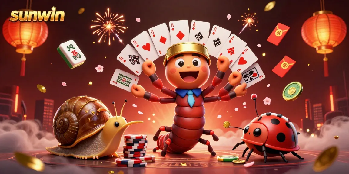 Experience the excitement of sunwin with a vibrant casino scene featuring a cartoon millipede dealer and rich game elements.