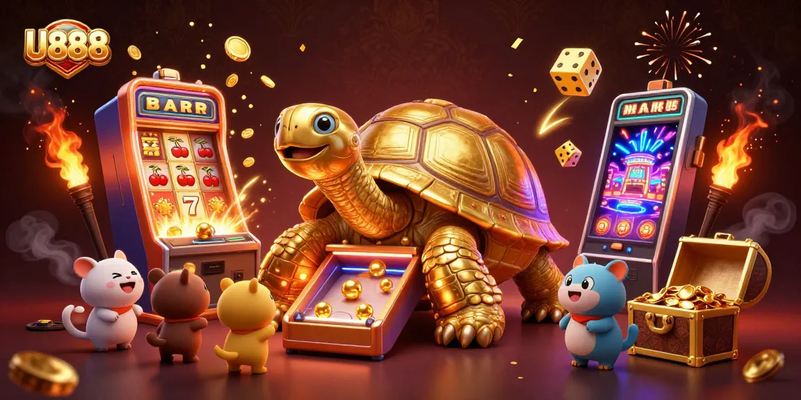 Engage in the vibrant world of U888 where a golden tortoise pinball machine greets excited players.