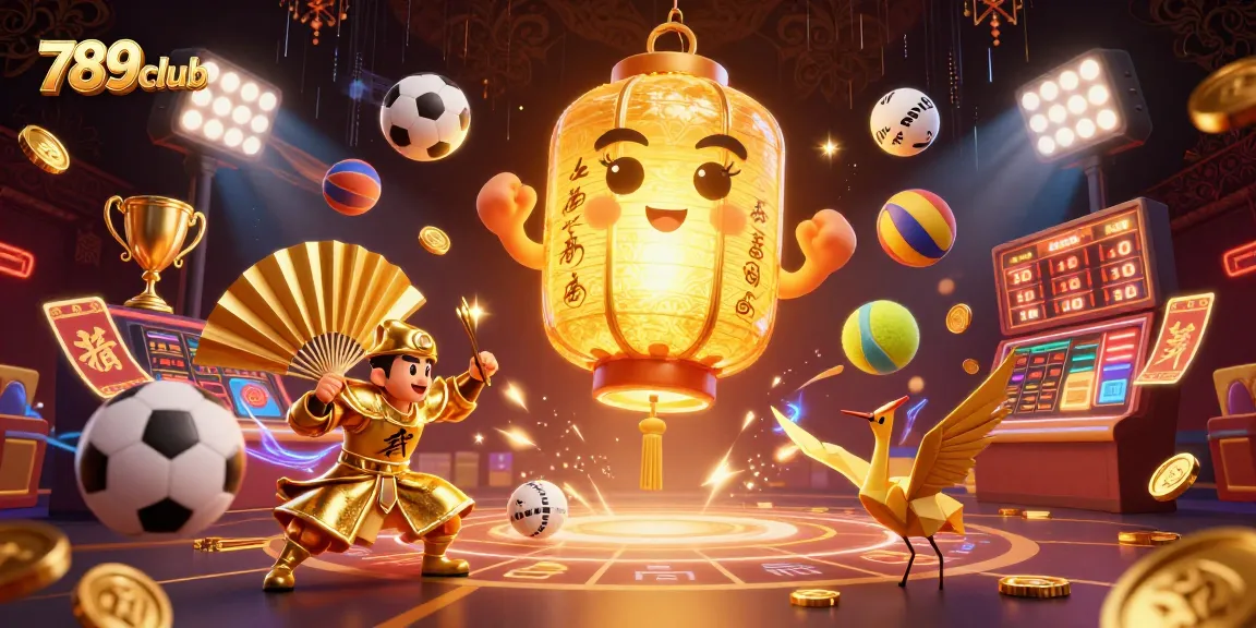 Engage with 789club's vibrant gaming scene filled with dynamic characters, sports elements, and celebratory symbols.
