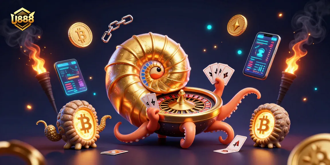Experience thrilling gameplay at U888 with a giant nautilus roulette wheel and glowing crypto coins.