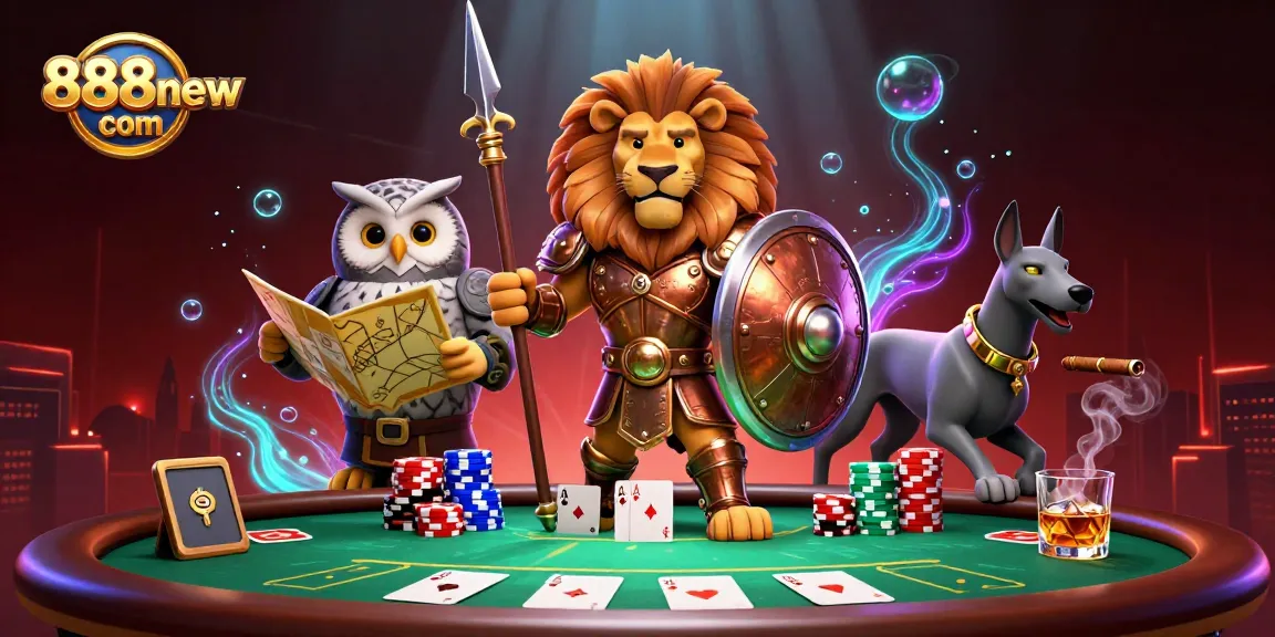 Playing poker in an animated 888new com casino scene with 3D characters and vibrant game elements.