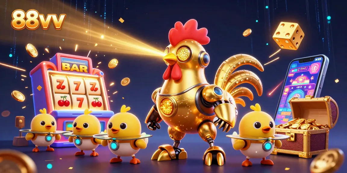 Engage with 88vv's vibrant casino action featuring a golden rooster robot and baby chick drones.