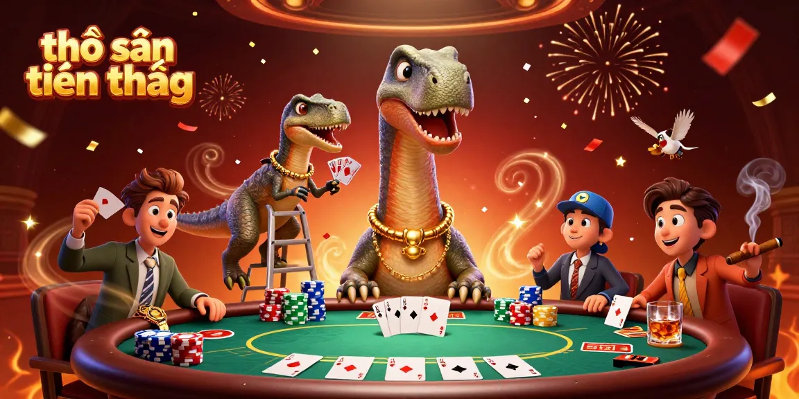 Engage in thợ săn tiền thưởng gaming featuring a brontosaurus observing a poker game, full of excitement.