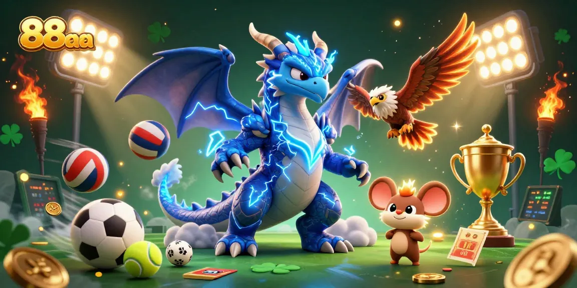 Experience exciting betting with 88aa at this vivid 3D gaming illustration featuring dynamic sports elements and electric characters.