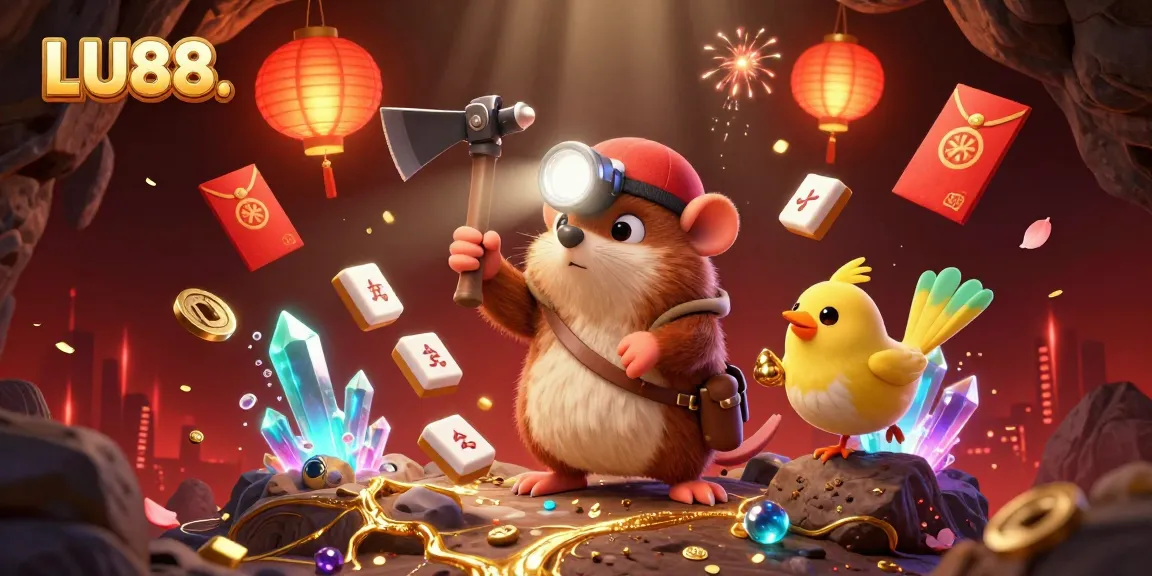 LU88 showcases a treasure hunter mole and canary mining gold in an enchanting casino cave scene.