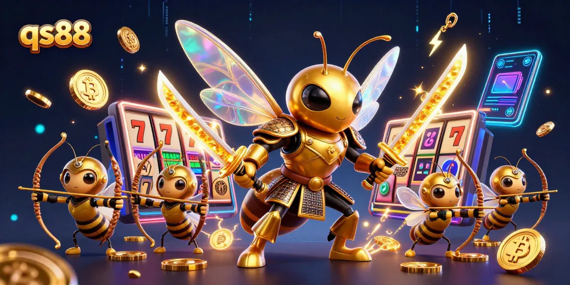 Experience the thrill of qs88's slots with a vibrant scene of a golden hornet samurai and glowing crypto currency.