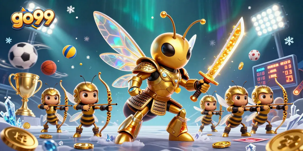 Experience the excitement at go99 with a vibrant illustration of a golden hornet and bee archers in an energetic sports-themed scene.