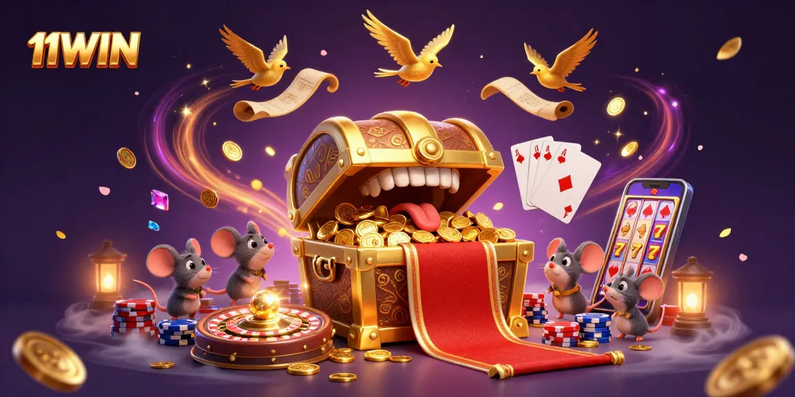 11WIN casino-themed illustration with treasure chest and casino elements creating a vibrant atmosphere.