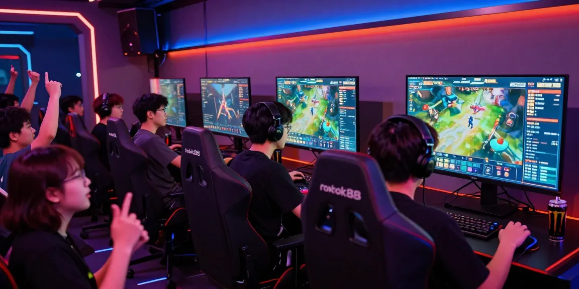 Engaged gamers playing rokok88 in a vibrant e-sports arena atmosphere