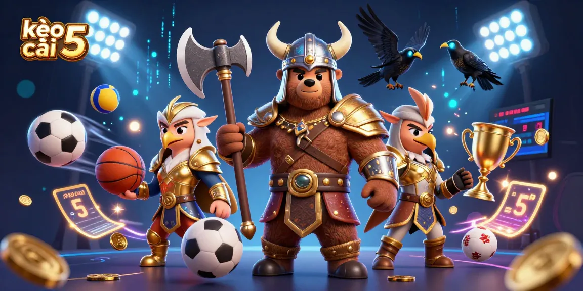 Engage with kèo nhà cái 5 through this vibrant depiction of Viking and sports themes.