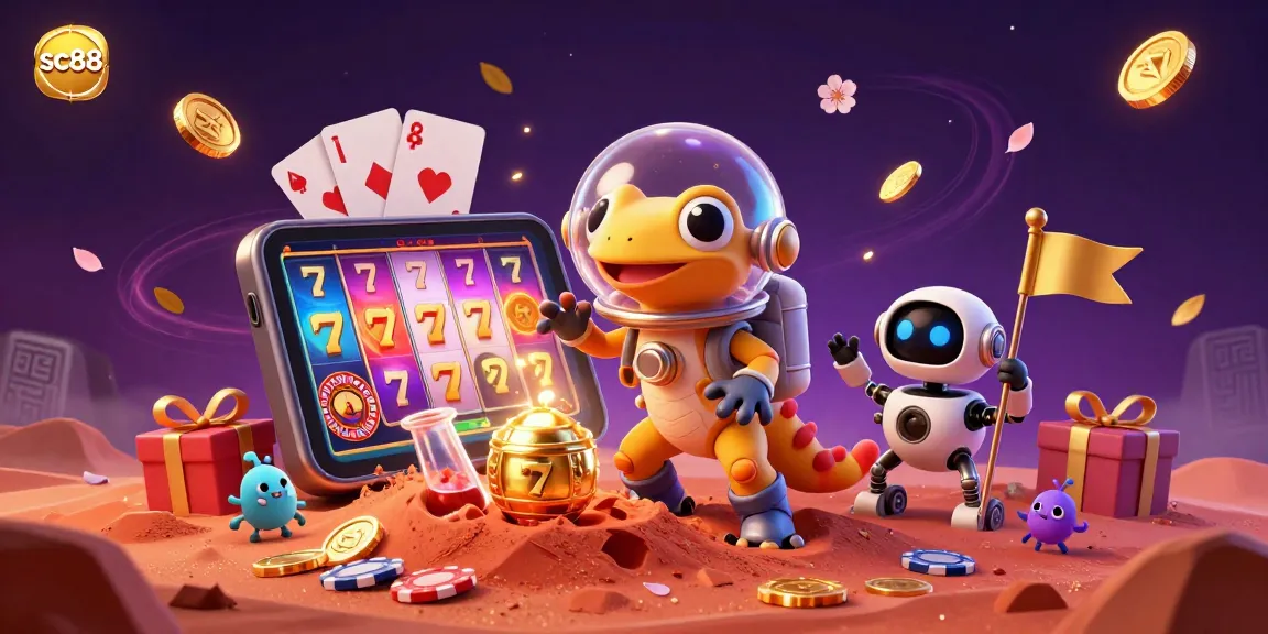 sc88 showcases an adventurous Martian gecko discovering a golden casino in a vibrant cosmic landscape.