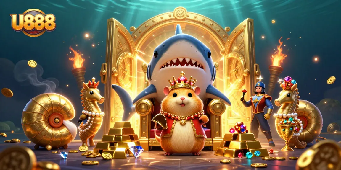 U888 shines bright with a golden hamster king, treasure, and seahorse guards amidst underwater riches.