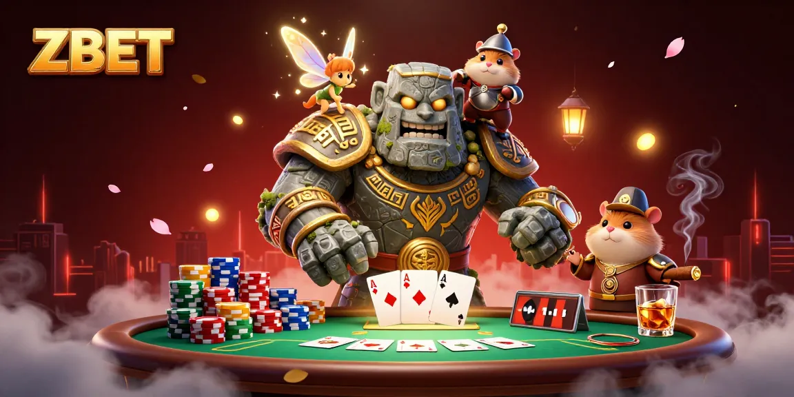 ZBET invites players to win big at an enchanting poker scene with a magical golem and knight.