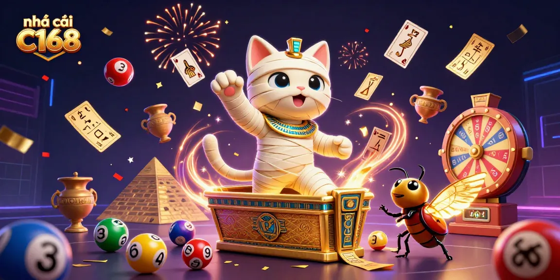Experience the excitement at nhà cái C168 with a lively scene of a mummy cat and vibrant casino elements.