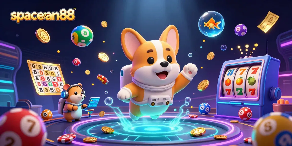 Experience gaming at spaceman88 with vibrant slots, floating characters, and casino excitement