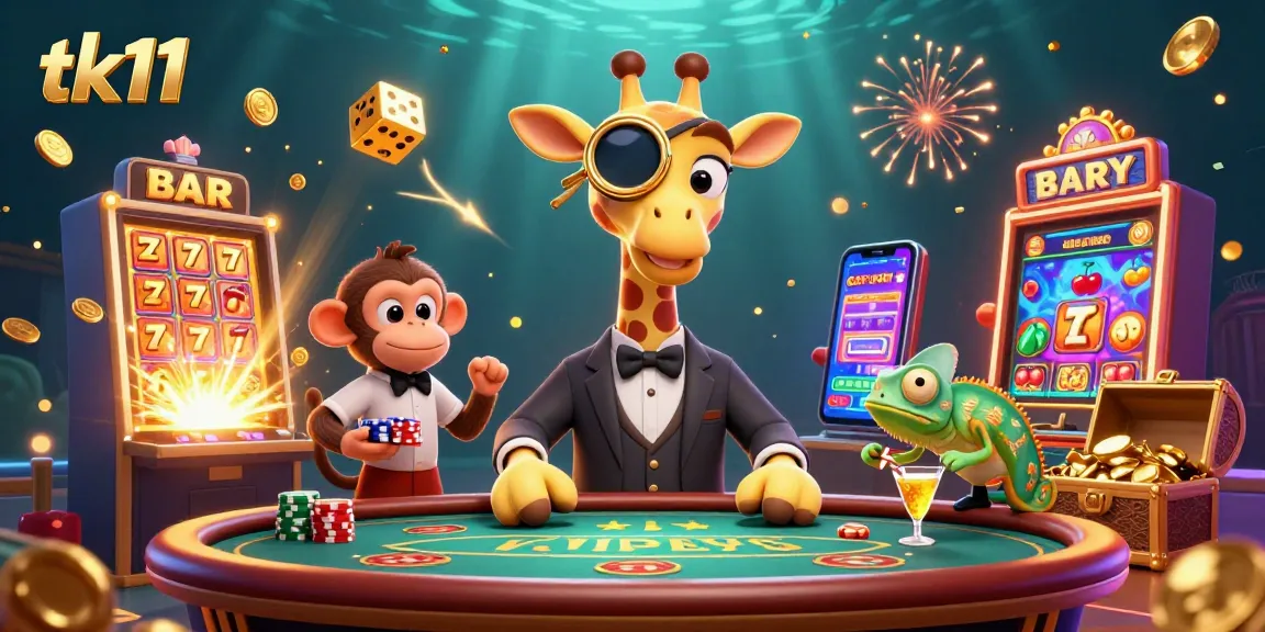 Join the adventure with tk11 at a vibrant casino featuring a high-roller giraffe and lively game elements.