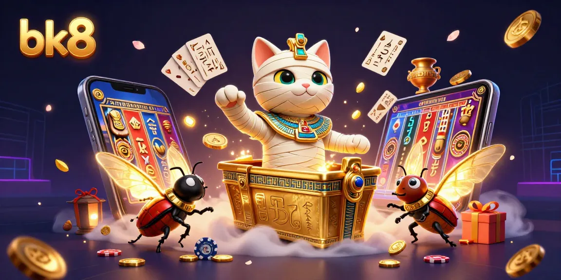 Engage in thrilling gaming with bk8 as a 3D Egyptian mummy cat emerges in a vibrant casino.