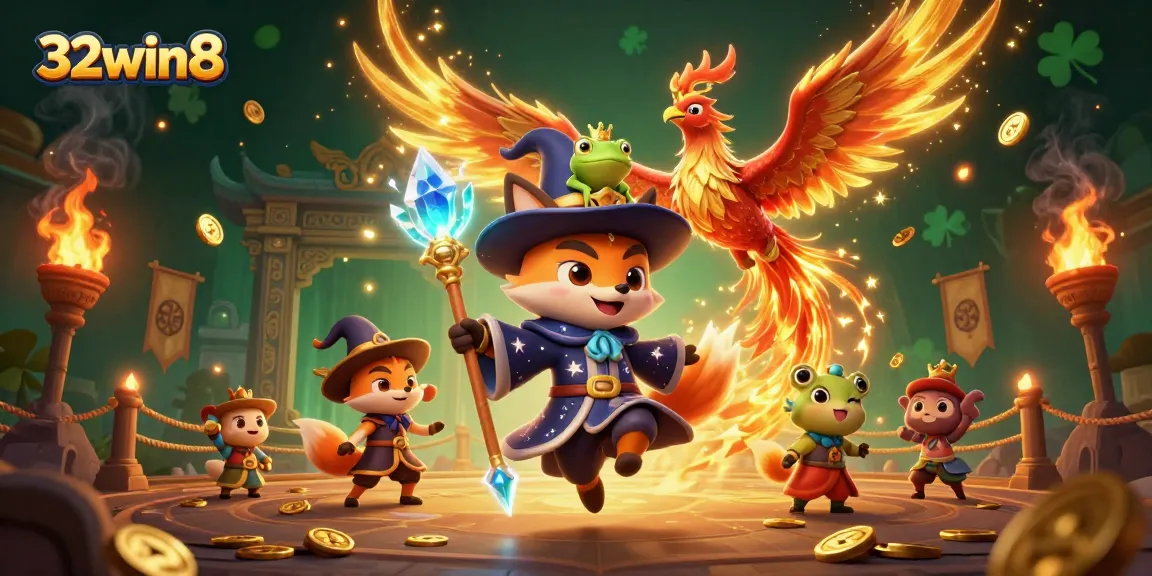 Sparkle and win with 32win8, illustrated mystical casino scene featuring dynamic gaming elements and vibrant characters.