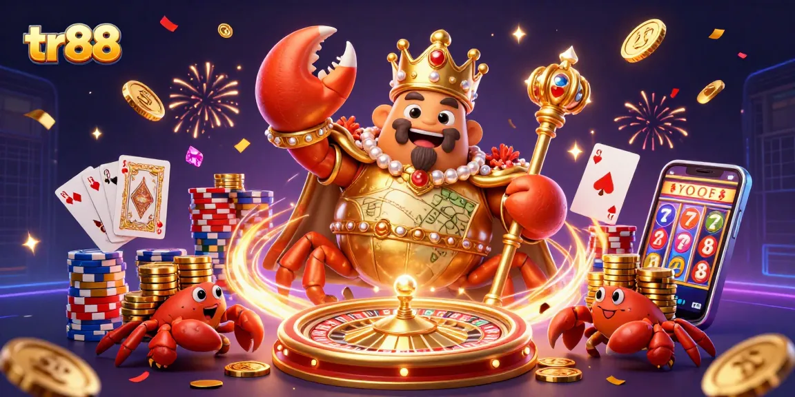 Engage with the vibrant tr88 casino scene featuring a golden crab emperor and sparkling game elements.