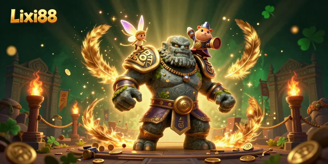 Lixi88 showcases an enchanting scene with a stone golem, fairy, and hamster knight, amidst magical casino elements.