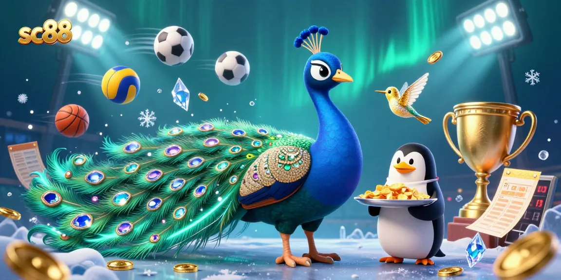 Engage with sc88's vibrant illustration of a peacock, a butler penguin, and a golden hummingbird amid dynamic sports elements.