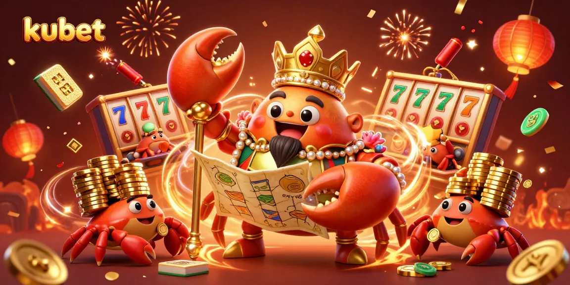 Experience winning strategies at kubet with a dynamic 3D illustration featuring a golden crab emperor and festive gambling elements.