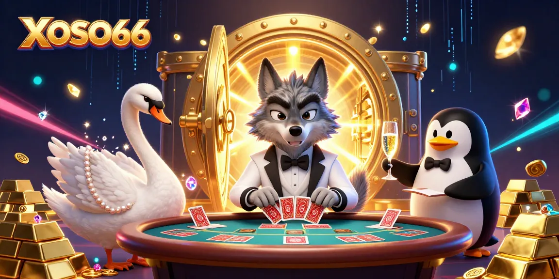 XOSO66's vibrant 3D casino scene featuring a debonair wolf, elegant swan, and penguin sommelier engaging in luxury gaming