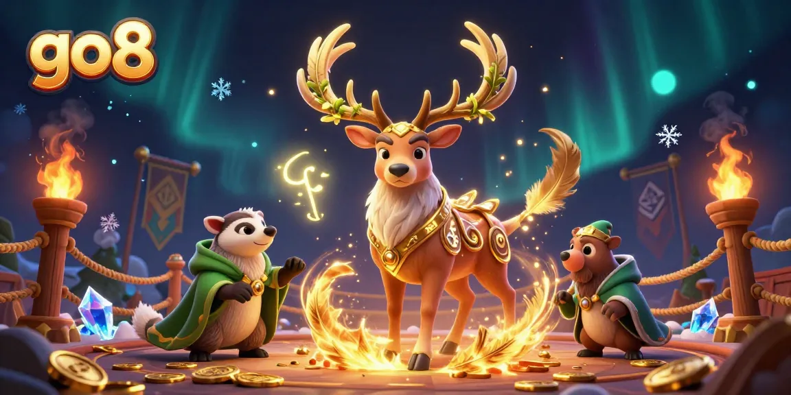 Experience the thrill of go8 with magical creatures and vibrant gambling elements in a stunning 3D scene.