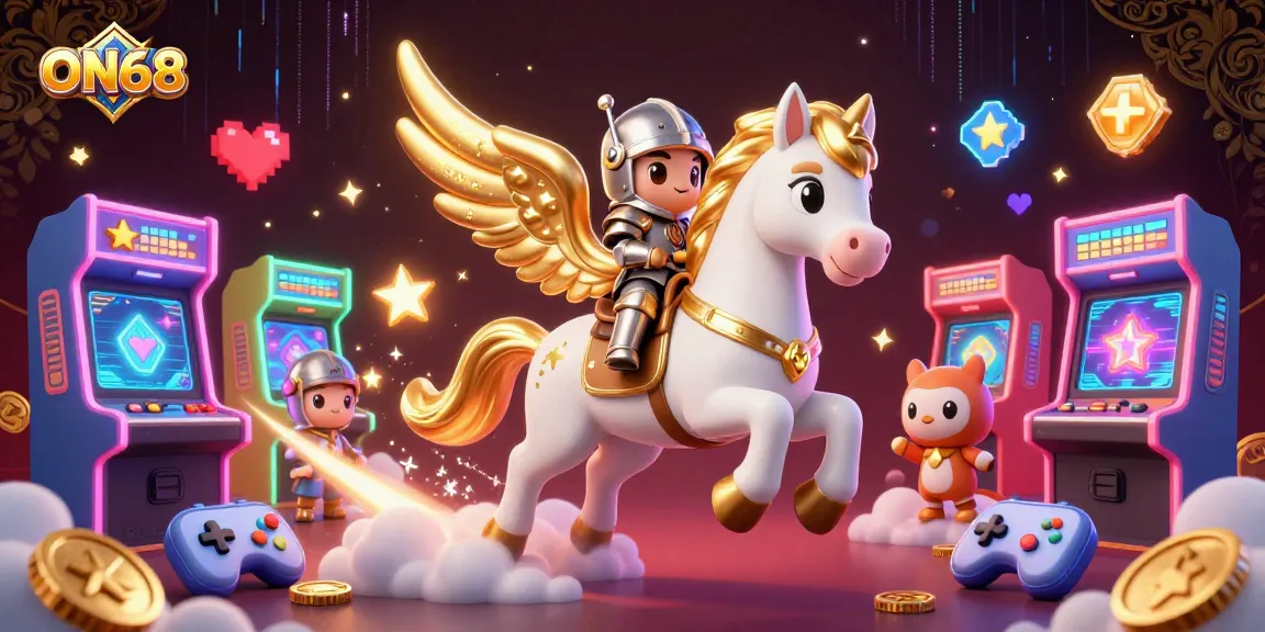 Engage with ON68 as the knight rides a celestial white horse, amidst vibrant gaming elements.