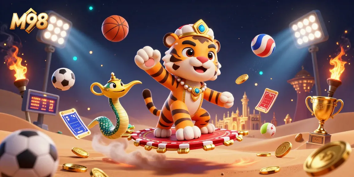 Experience thrilling wins at M98 with a colorful scene of gambling excitement featuring golden trophies and dynamic sports elements.
