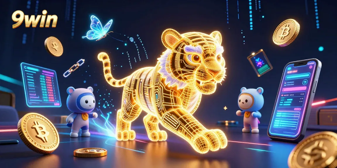Experience the thrill of 9win with a dazzling casino scene featuring neon elements and digital currency.