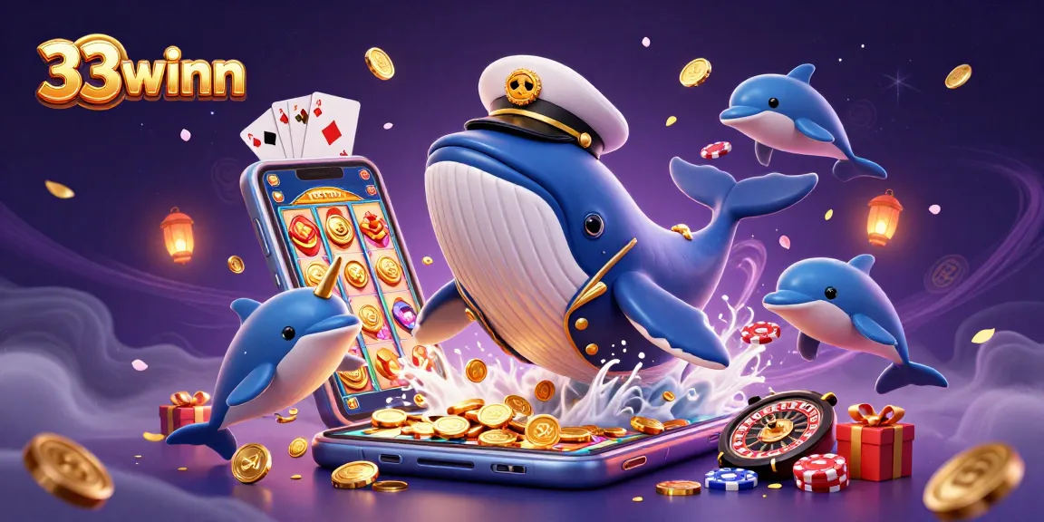Experience thrilling gameplay at 33winn with vibrant casino elements featuring whales, dolphins, and poker chips.