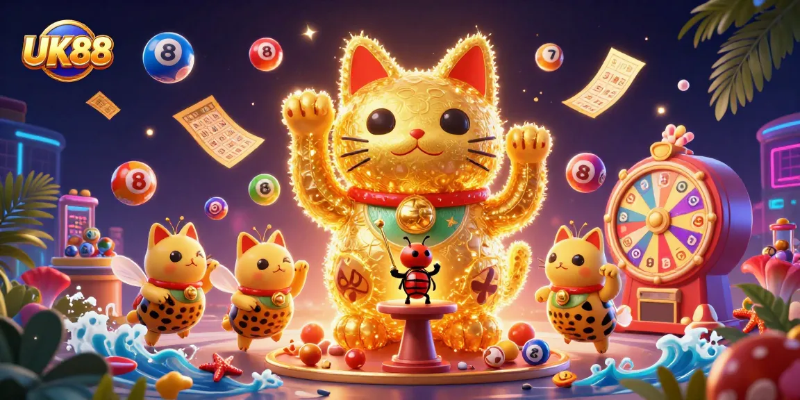 Engage with UK88's vibrant bingo and lottery scene featuring golden fireflies and lucky symbols.