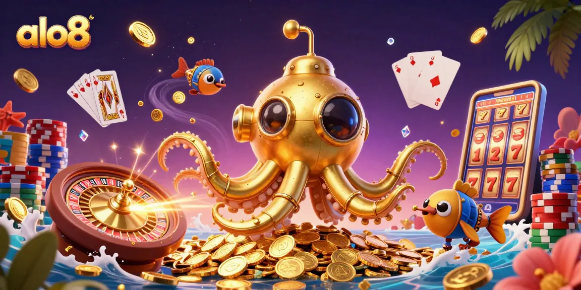 Experience the thrilling games of alo8 with a vibrant 3D illustration showcasing casino elements.