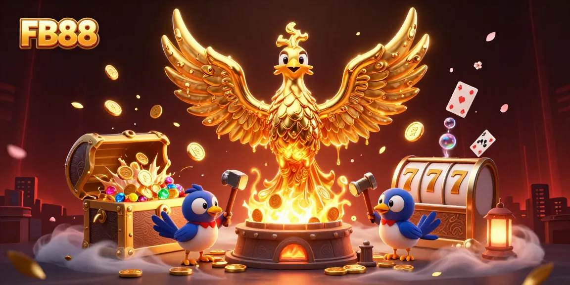 Experience excitement at FB88 with a stunning golden phoenix revealing treasures in an engaging casino setting.