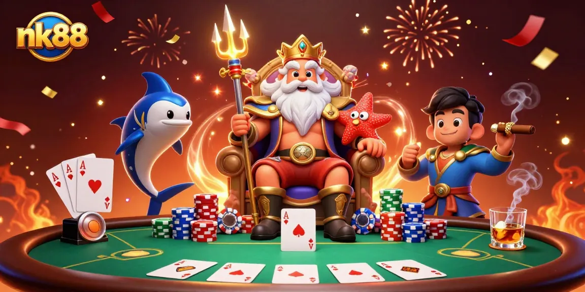 Engage with nk88's vibrant 3D casino scene featuring Neptune and poker elements.