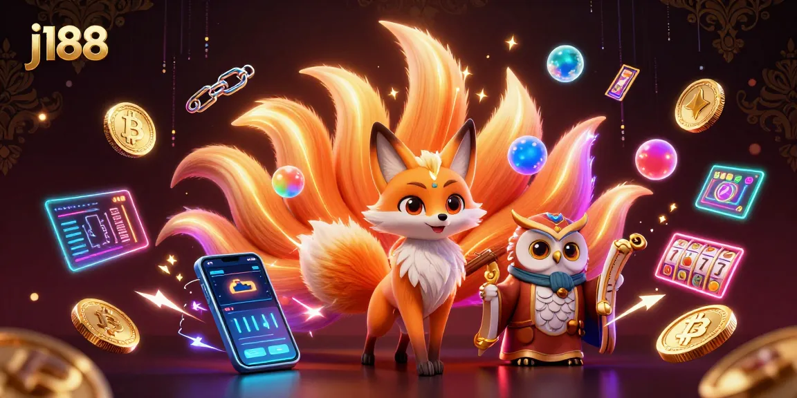 Experience thrilling slots with j188's vibrant 3D illustration showcasing lucky symbols and glowing crypto elements.