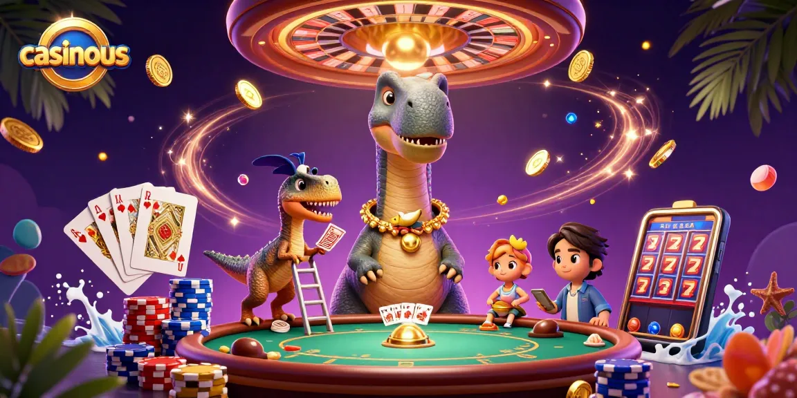Win big at casinous with a towering brontosaurus overseeing a vibrant mobile casino game scene.