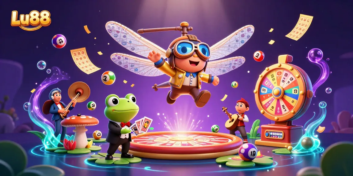 Experience thrilling gaming with Lu88 as a dragonfly pilot hovers above a vibrant lily pad casino.