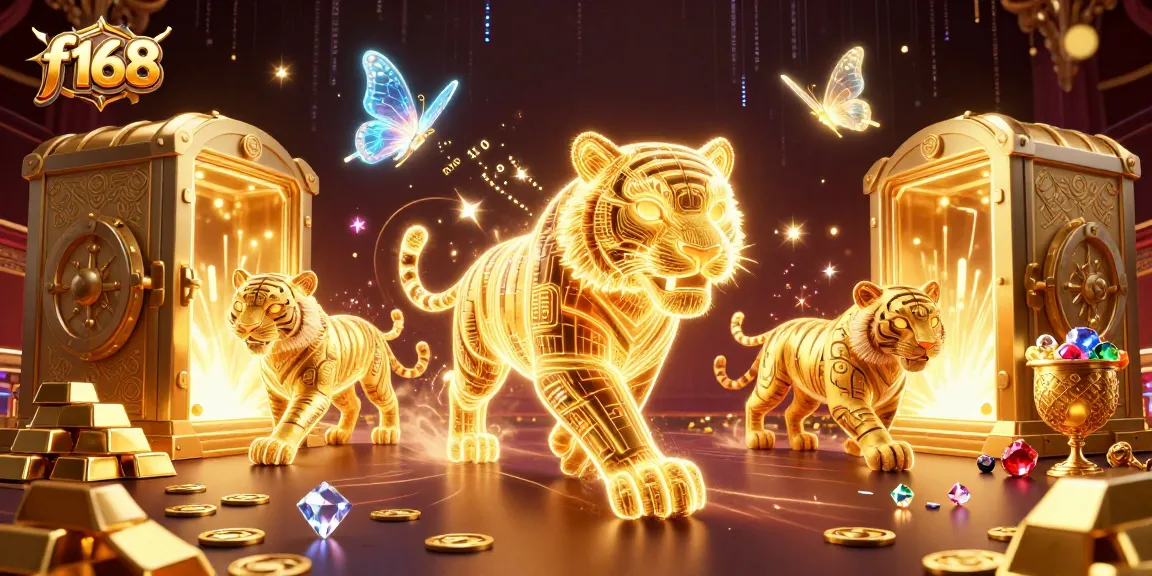 Experience the thrill of f168 as a golden tiger prowls a digital casino landscape filled with treasures.