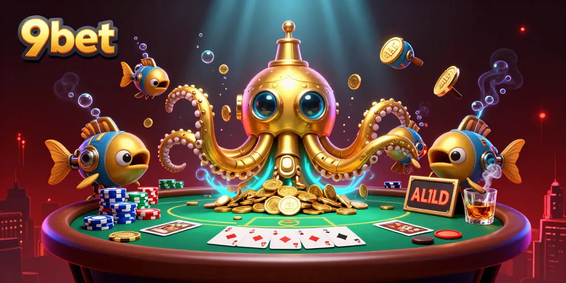 Engage with thrilling poker action at 9bet, showcased through a radiant 3D scene featuring a kraken submarine.