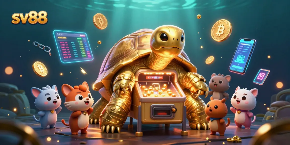 Engage with sv88's vibrant casino scene featuring a giant tortoise pinball machine and crypto elements.