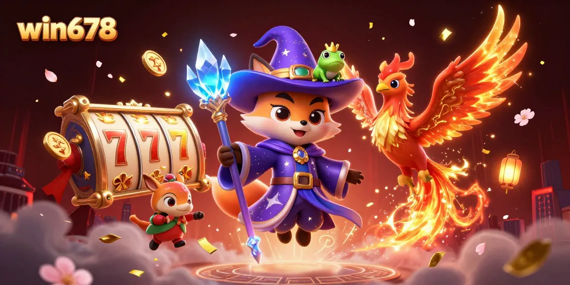 Spin reels at win678 with a mystical wizard fox and phoenix in a vibrant casino illustration.