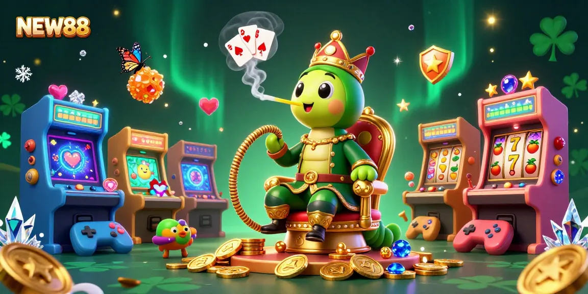 Experience NEW88's casino magic with an enchanting caterpillar master floating slot symbols.