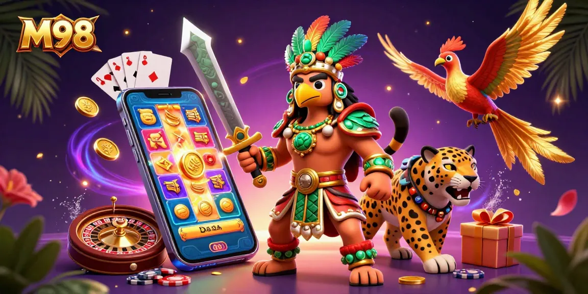 M98 offers vibrant slot gaming experiences with Aztec warriors and dynamic casino elements.